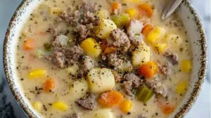 two pictures showing different types of cheeseburger soup