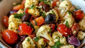 a white bowl filled with cauliflower and tomatoes