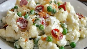 Cauliflower salad with chopped pepperoncini and roasted peppers in a dark gray bowl.