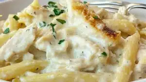 Golden-baked chicken Alfredo pasta in a casserole dish with melted cheese on top.