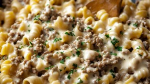 a skillet filled with pasta and ground beef