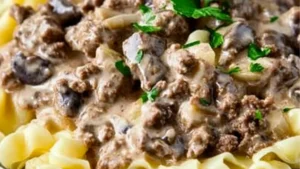 two images showing the steps to make ground beef stroganoni in a skillet