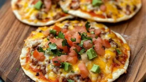 easy mexican pizzas with cheese, black olives, and sour cream on top
