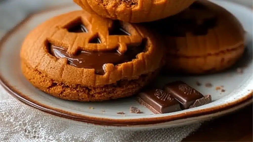 some cookies are on a plate with leaves and pumpkins in the backgroud