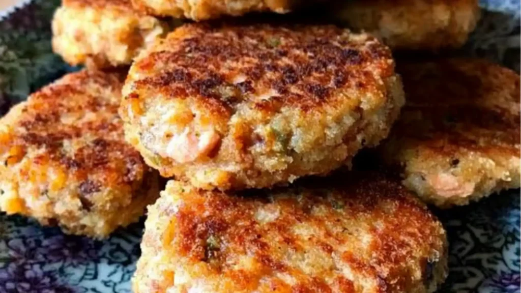 a plate with three salmon cakes and text overlay that reads really easy canned salmon patties