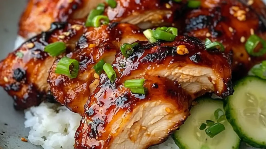 chicken and cucumber stir fry on rice in a bowl with the words sticky honey gochung chicken