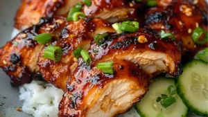 chicken and cucumber stir fry on rice in a bowl with the words sticky honey gochung chicken
