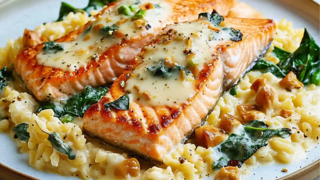 creamy tuscann salmon pasta with tomatoes and spinach is an easy dinner recipe