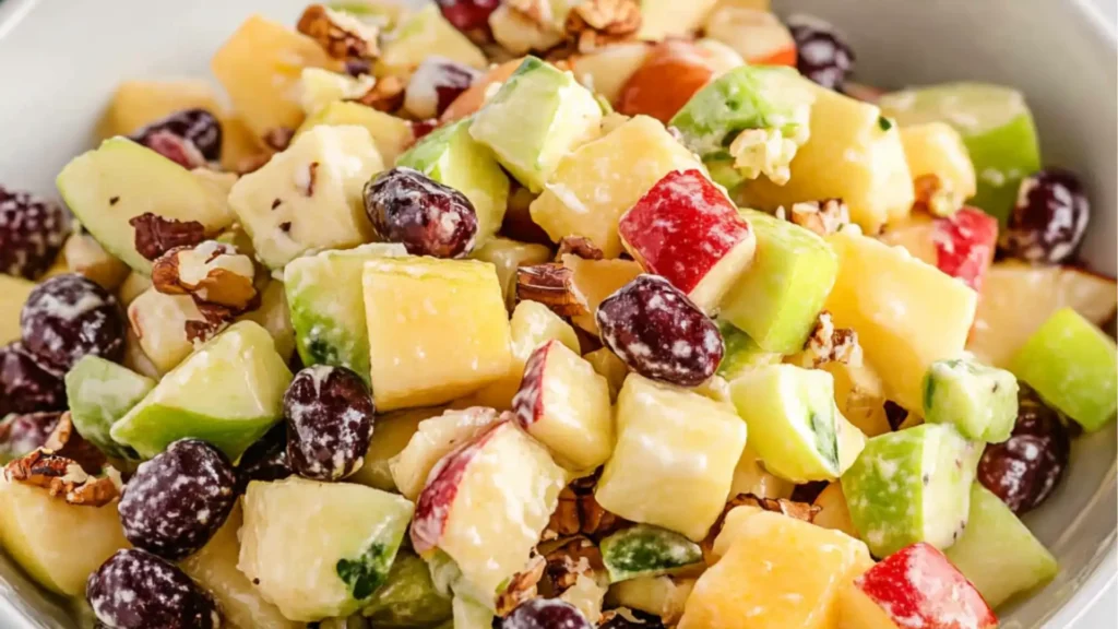 a glass bowl filled with fruit salad next to an image of apples, grapes and pecans