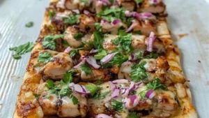 bbq chicken flatbread pizza with onions and cilantro