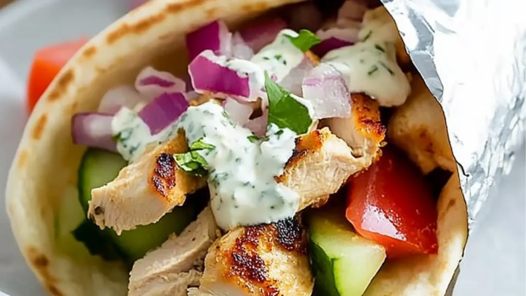 greek chicken gyros with tzatzka sauce are served on pita bread