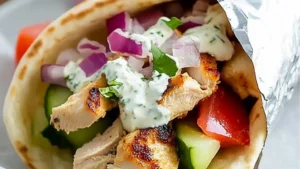 greek chicken gyros with tzatzka sauce are served on pita bread