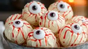 white chocolate covered in red and black spooky eyeball truffles with text overlay