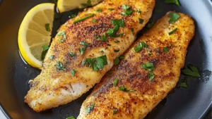 two pieces of fish on a white plate with the words 15 minute air fryer tilapa crispy, flaky and perfection