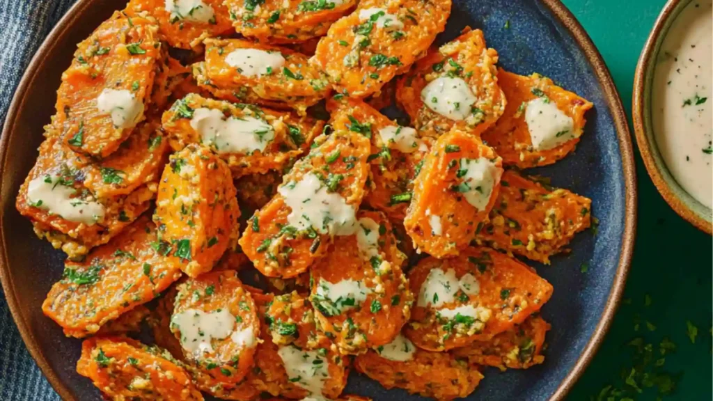 crispy smashed carrots on a plate with parsley sprinkled on top