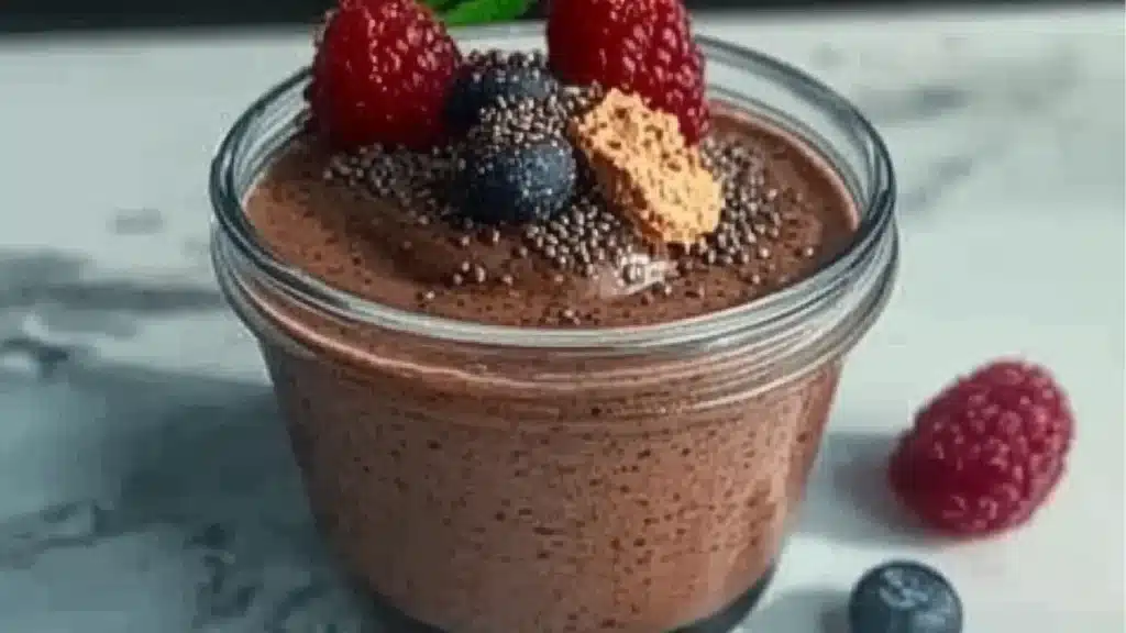 high protein chocolate chia pudding in a glass bowl with whipped cream and chocolate on top