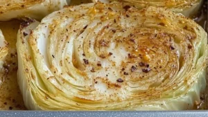 grilled cabbage steaks on a black plate with the title overlay reads oven roasted cabbage steaks best veggie side dish