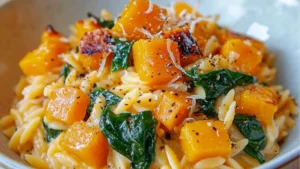 creamy one - dish roasted butternut squash and spinach pasta