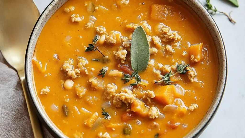 creamy turkey and pumpkin chili in a white bowl