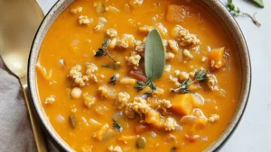 creamy turkey and pumpkin chili in a white bowl