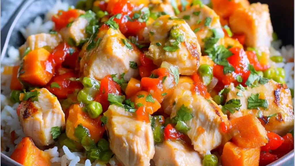 chicken and sweet potato rice bowl with creamy ranch dressing