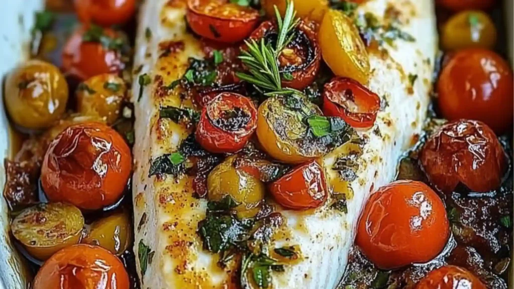 two pictures of baked fish with tomatoes and herbs