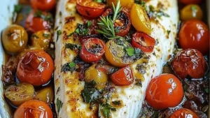 two pictures of baked fish with tomatoes and herbs