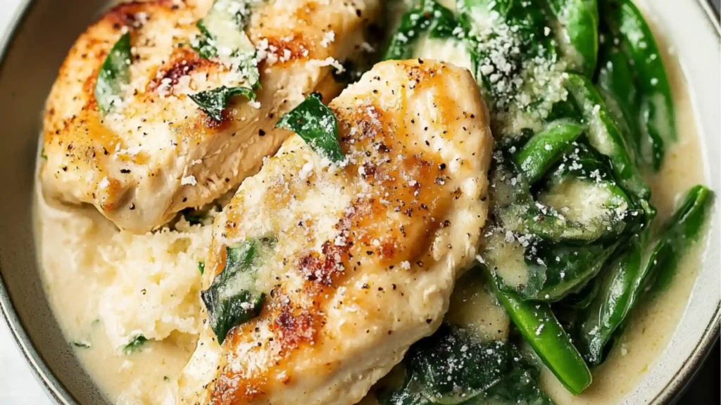 chicken florentine in white sauce with spinach and parsley on top