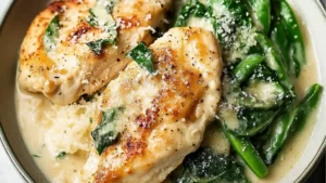 chicken florentine in white sauce with spinach and parsley on top