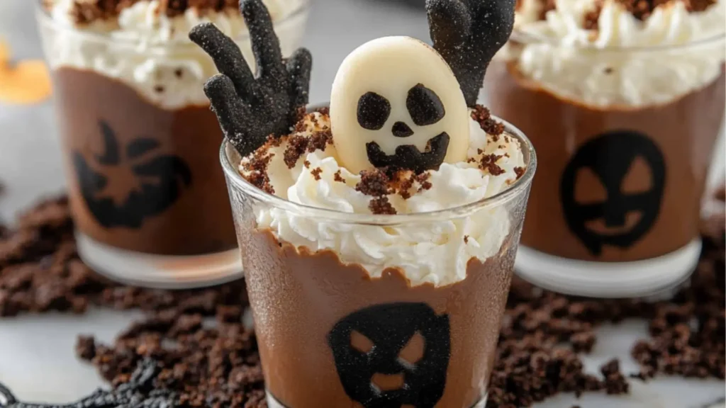 halloween desserts in plastic cups decorated with chocolate and candy