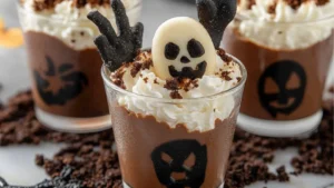halloween desserts in plastic cups decorated with chocolate and candy