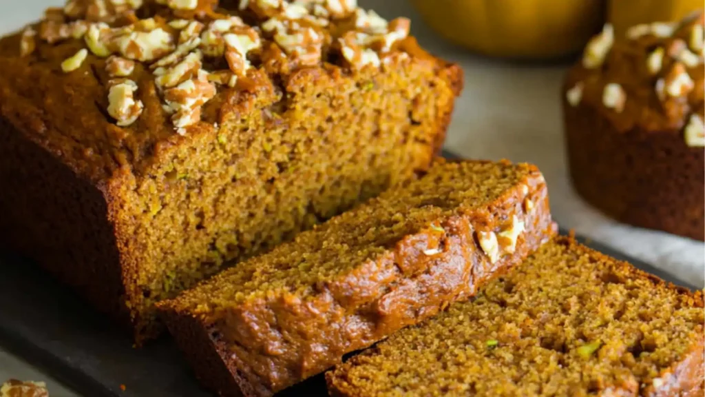 sliced pumpkin zucchini bread on a cutting board with the words, pumpkin zucchini bread