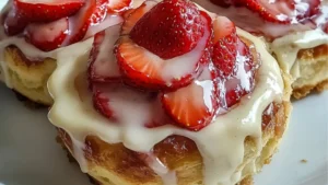 strawberry cheesecake cinnamon rolls with icing and strawberries