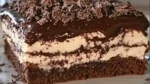 no - bake chocolate eclair cake on a white plate