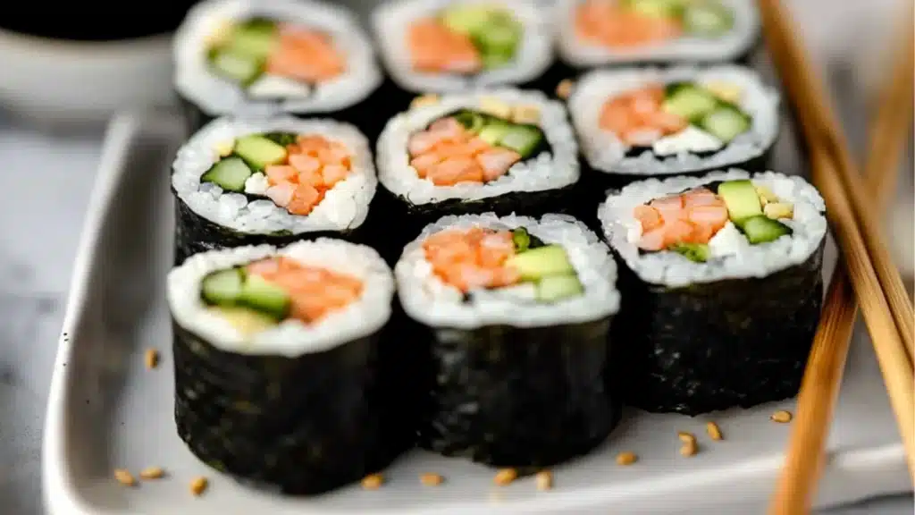sushi rolls on a plate with cucumber and lime