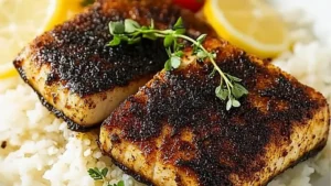 the best blackened mahi mahi keto recipe on a white plate with text overlay