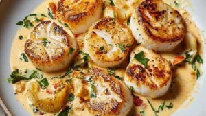 two images showing different types of creamy tuscann scallops