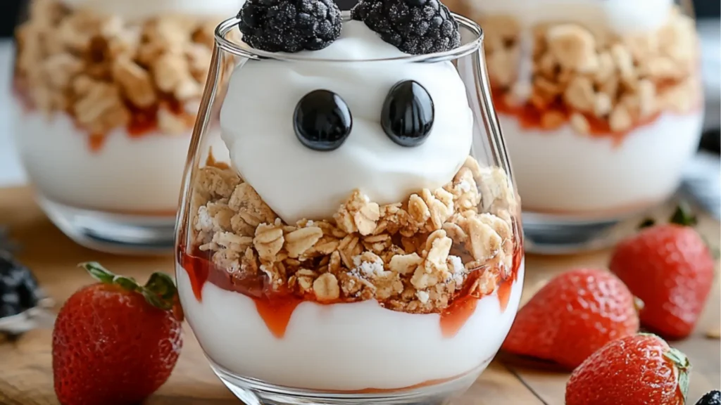 two bowls filled with yogurt and marshmallows topped with googly eyes