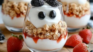 two bowls filled with yogurt and marshmallows topped with googly eyes