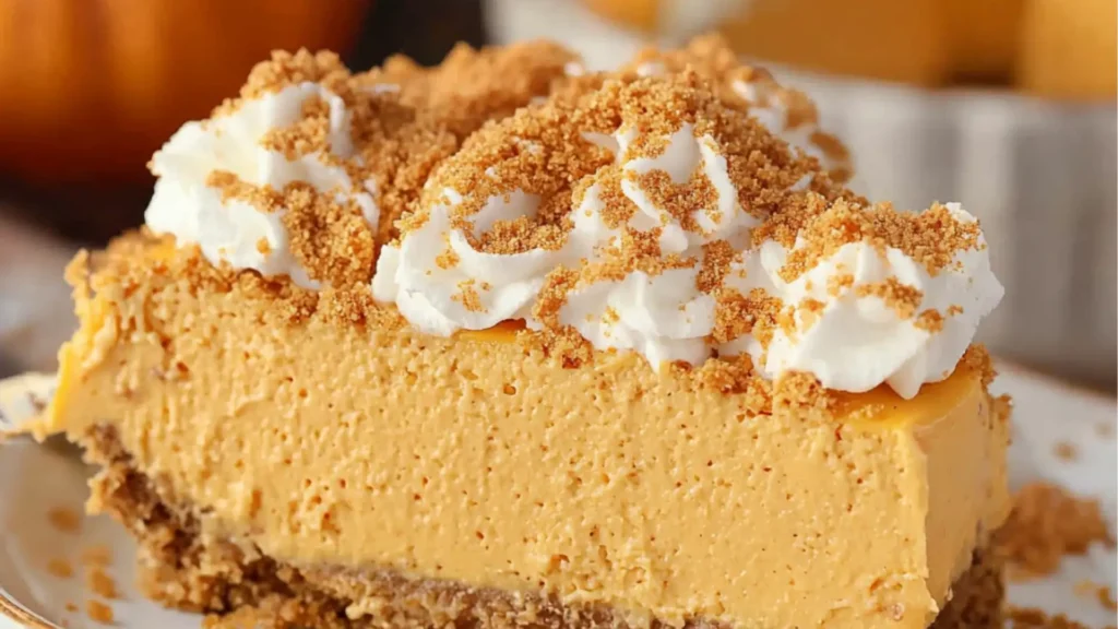 easy pumpkin pie cheesecake with whipped cream on top and the title in black text