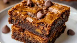pumpkin brownies stacked on top of each other with text overlay that reads the best pumpkin brownies