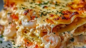 garlic butter shrimp scampi lasagna on a white plate with text overlay