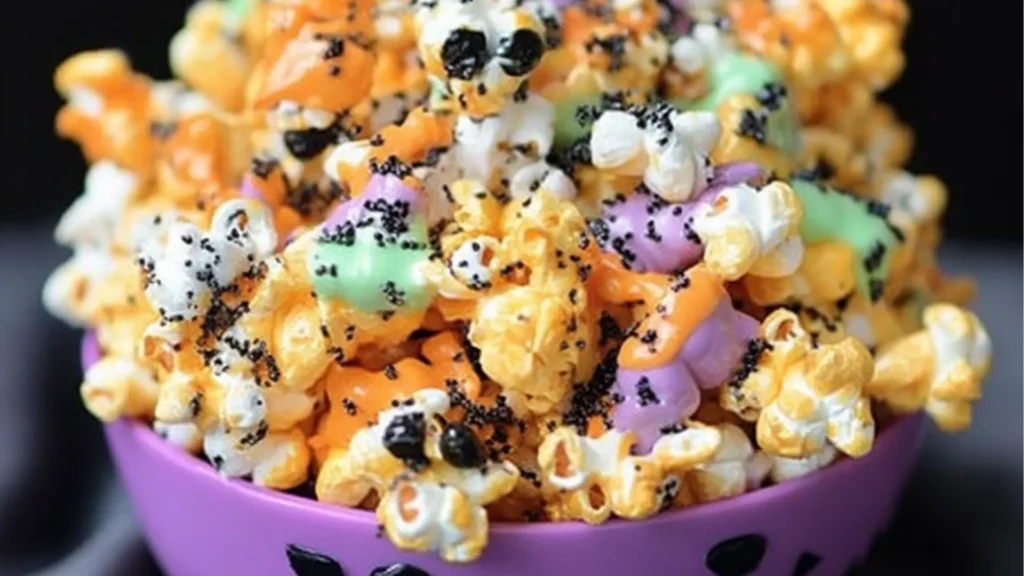 halloween popcorn in bowl and up close.