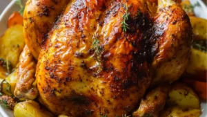 a roasted chicken in a roasting pan with the title super juicy and tender oven roasted chicken