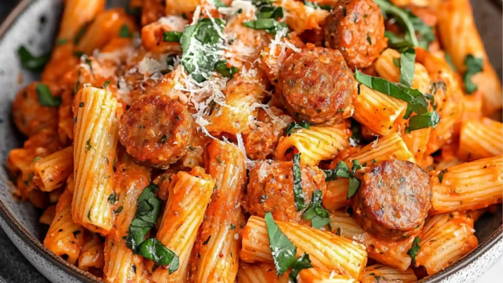 a pot full of pasta with meat and spinach on the side next to a wooden spoon