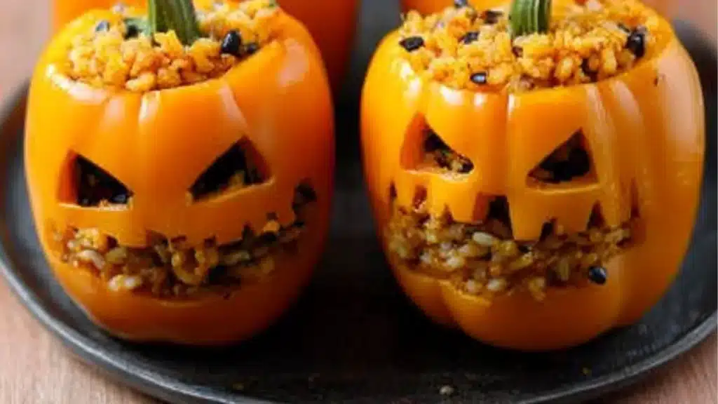 four carved pumpkins sitting on top of a cutting board next to some green peppers