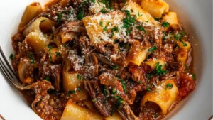 A bowl of short rib ragu and pasta.