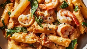 shrimp pasta with creamy gravy, garlic and absolutely delicious served on a plate