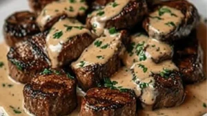 steak with garlic sauce is on a plate