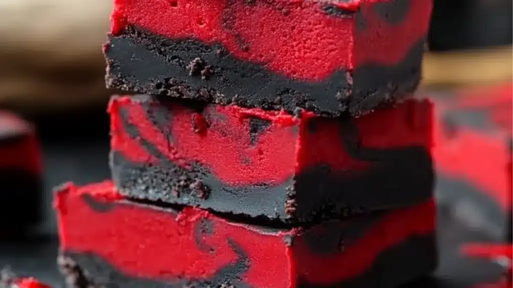 two pieces of vampire fudge cake with red frosting and a rose on top